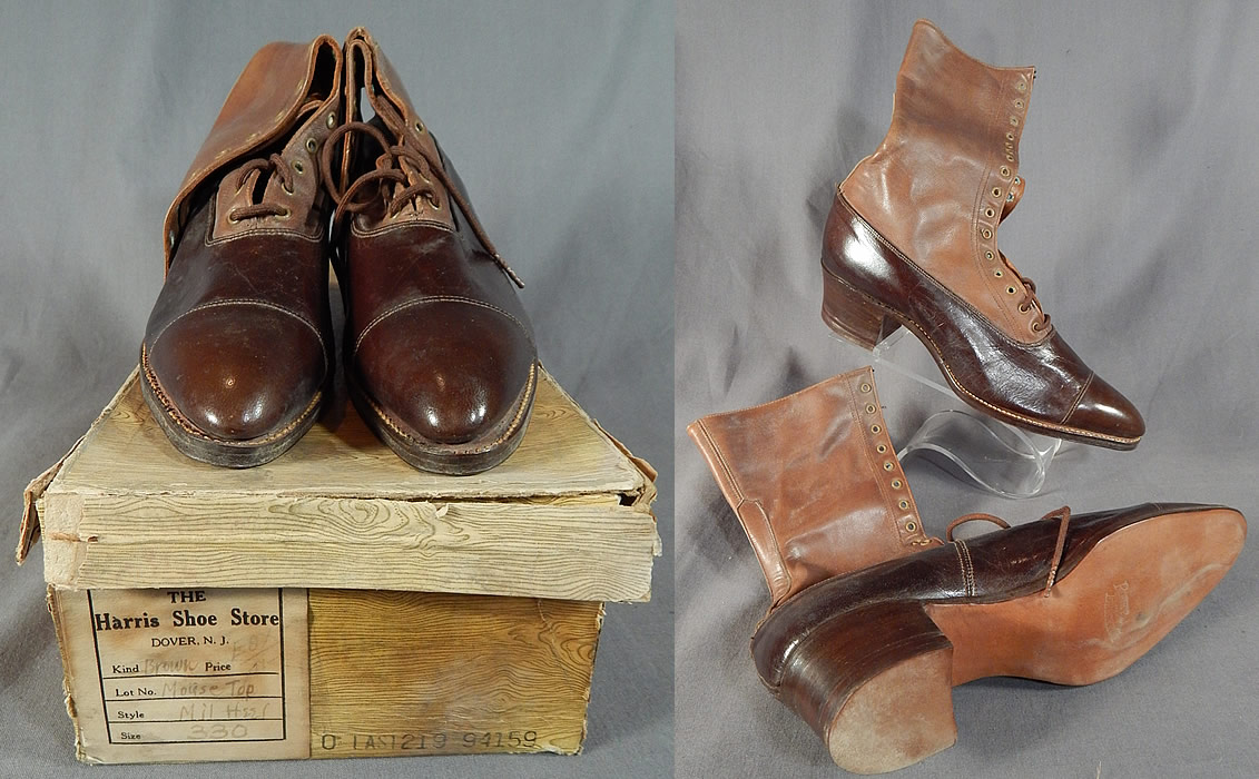 Unworn Edwardian Brown Two Tone Leather High Top Lace-up Boots & Shoe Box
They have never been worn, and are old store stock stored away in a basement of the store since 1910. 