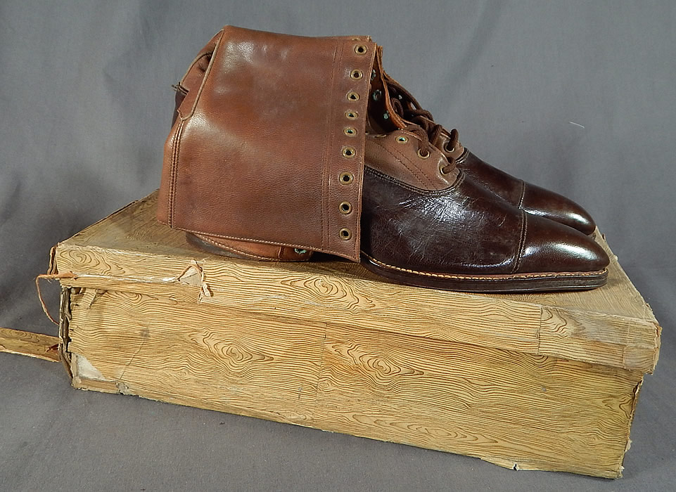 Unworn Edwardian Brown Two Tone Leather High Top Lace-up Boots & Shoe Box
The shoe box is in as-is condition with some wear, damage to the outer cardboard paper. These are truly a rare and wonderful piece of quality made wearable shoe art! 