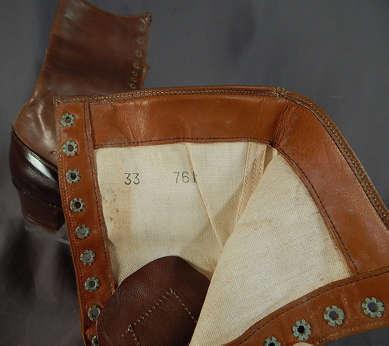 Unworn Edwardian Brown Two Tone Leather High Top Lace-up Boots & Shoe Box
This pair of unworn antique Edwardian era brown two tone leather high top lace-up boots and shoe box dates from 1910.