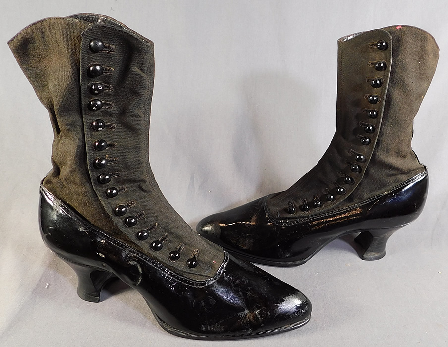 Edwardian Unworn Womens Black Wool Patent Leather High Top Button Boots
They are stamped inside the leather tops "Harris Shoe Store Dover, N.J." label. The boots measure 10 inches tall, 10 inches long, 3 inches wide, with 2 1/2 inch high heels
