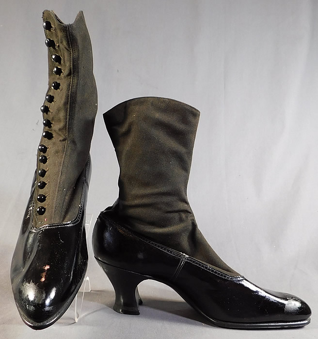 Edwardian Unworn Womens Black Wool Patent Leather High Top Button Boots
These are truly a rare and wonderful piece of quality made wearable shoe art! 