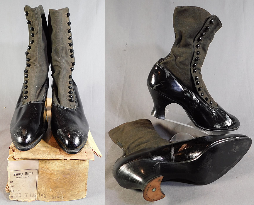 Edwardian Unworn Womens Black Wool Patent Leather High Top Button Boots
They come in the original shoe box covered with a wood grain knotty pine graphics paper with a "Barney Harris Dover, N.J." label size 38 which are approximately a US size 7