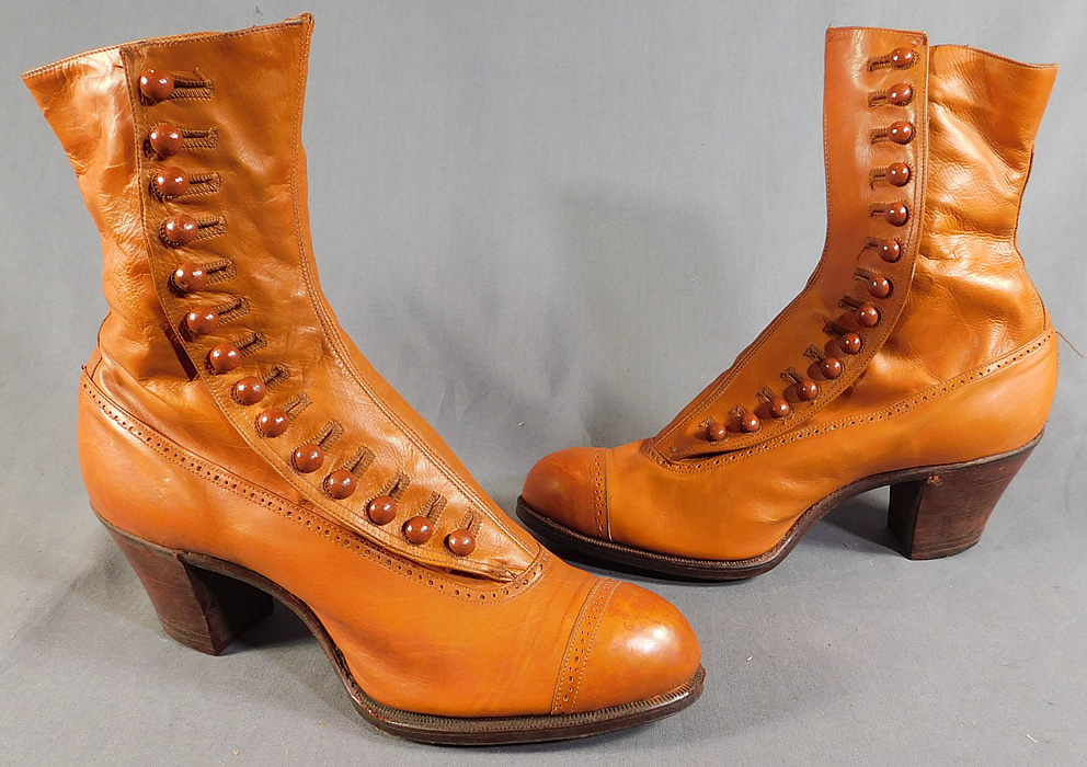 Edwardian Vintage Unworn Womens Tan Leather High Top Button Boots
The boots measure 9 inches tall, 9 inches long, 2 3/4 inches wide, with 2 inch high heels. 