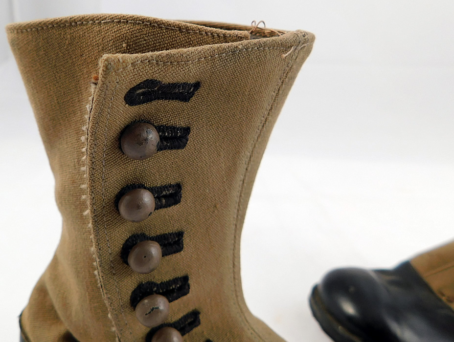 Unworn Victorian Two Tone Khaki Canvas Leather High Top Button Boots
They are old store stock, in unworn good wearable condition, with only one missing button. These are truly a rare and wonderful quality made antique boot shoe art! 