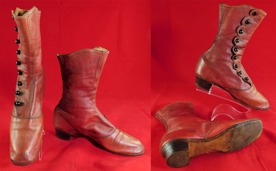 Victorian Rare Red Leather Scalloped High Top Button Boots Shoes
They are in good as-is condition, have been gently worn, with some slight fade discoloration and faint stains. These are truly a rare red color and wonderful piece of wearable quality made antique Victoriana shoe art! 