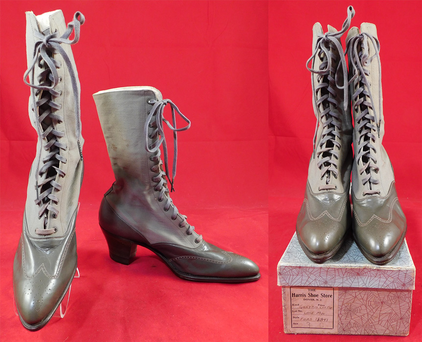 Unworn Edwardian Gray Wool Leather Two Tone High Top Lace-up Boots & Shoe Box
These antique boots are difficult to size for today's foot, but my guess would be about a US size 5 narrow width and are stamped inside a size 35 C. 