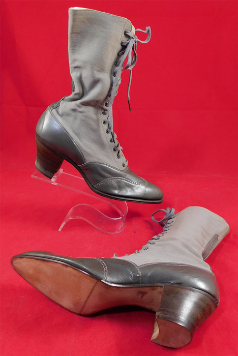 Unworn Edwardian Gray Wool Leather Two Tone High Top Lace-up Boots & Shoe Box
They have never been worn, and are old store stock stored away in a basement of the store since 1910. 