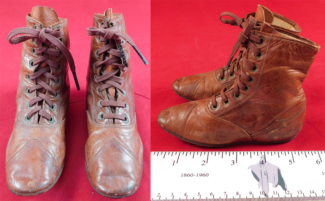 Victorian Antique Childrens Brown Leather Laceup Boots Pointed Toe Baby Shoes
This pair of antique Victorian era children's brown leather laceup boots pointed toe baby shoes date from 1880. They are made of a supple brown leather, with decorative stitched scalloped cutwork designs. 