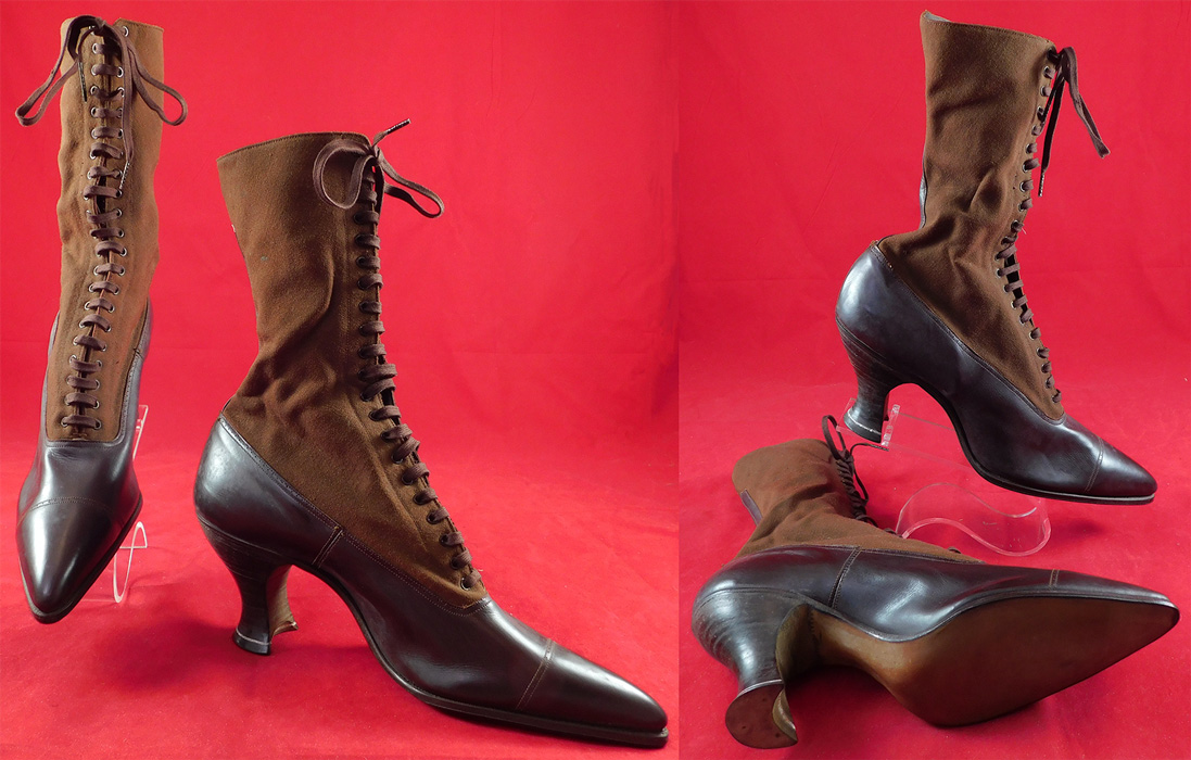 Unworn Edwardian Two Tone Brown High Top Laceup Cloth Boots & Shoe Box
These antique boots are difficult to size for today's foot and are approximately a US size 7 1/2 or 8 narrow width. 