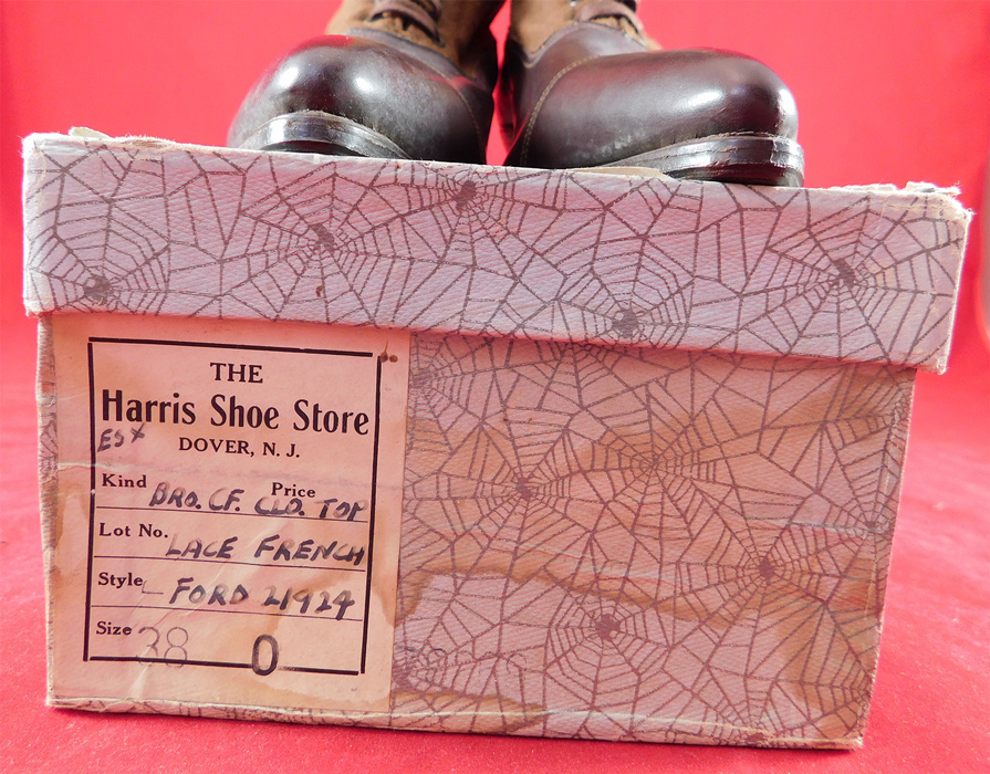 Unworn Edwardian Two Tone Brown High Top Laceup Cloth Boots & Shoe Box
They have never been worn and are old store stock stored away in a basement of the store since 1910 and are in excellent wearable condition. The shoe box has some water damage. These are truly a rare good size and wonderful piece of quality made wearable shoe art!
