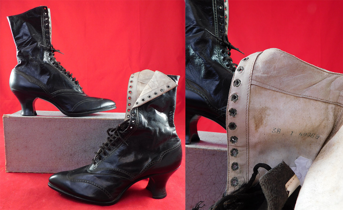 Unworn Edwardian Black Kid Leather High Top Lace-up Boots & Shoe Box
They come in the original shoe box covered with a wonderful spider web cobweb graphics foil paper from "The Harris Shoe Store" in Dover, New Jersey and are stamped on the outside of the box a size 6 B. The boots measure 9 inches tall, 10 inches long, 2 3/4 inches wide, with 2 1/4 inch high heel and are stamped inside a size 38. These antique boots are difficult to size for today's foot, but my guess would be about a US size 6 or 7 narrow width. 
