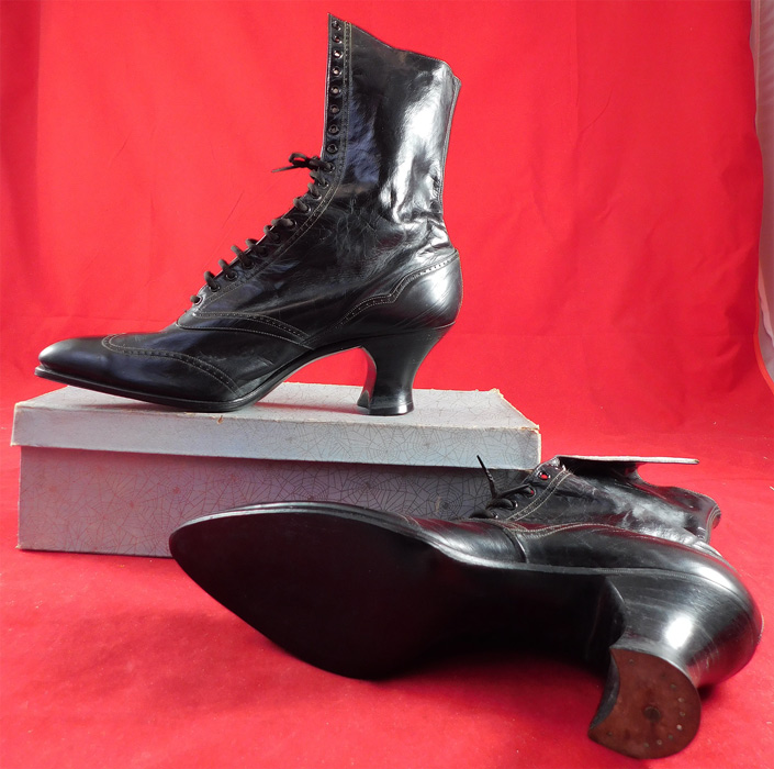 Unworn Edwardian Black Kid Leather High Top Lace-up Boots & Shoe Box
They have never been worn, and are old store stock stored away in a basement of the store since 1910. These are truly a wonderful piece of quality made wearable shoe art!