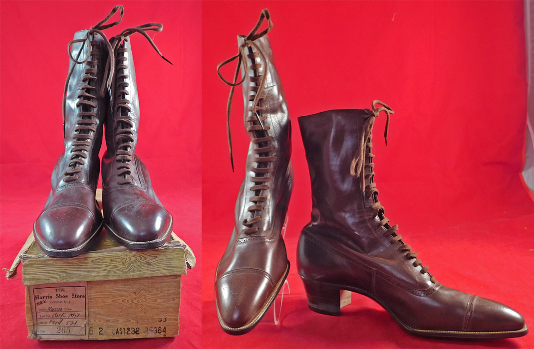 Unworn Vintage Edwardian Dark Brown Leather High Top Lace-up Boots & Box
