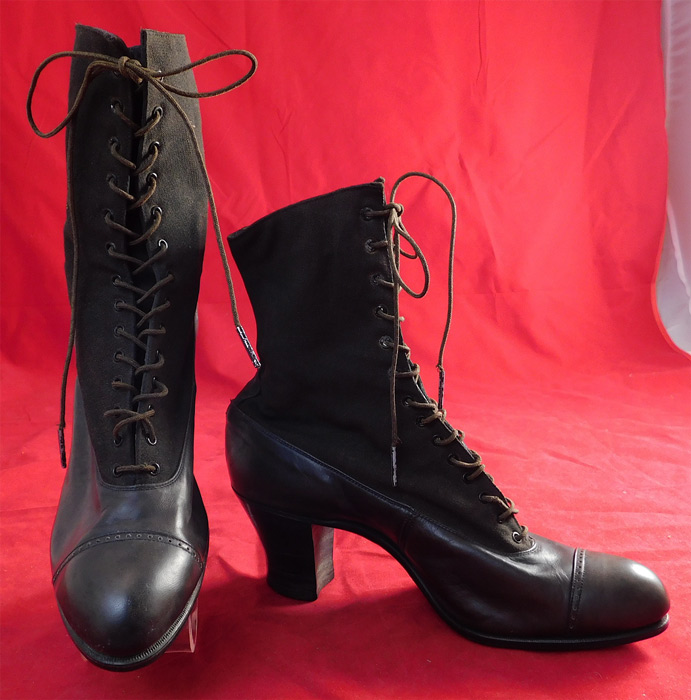 Unworn Edwardian Black Wool Cloth Leather Laceup Boots
This pair of unworn antique Edwardian era black wool cloth, leather lace-up boots date from 1910.