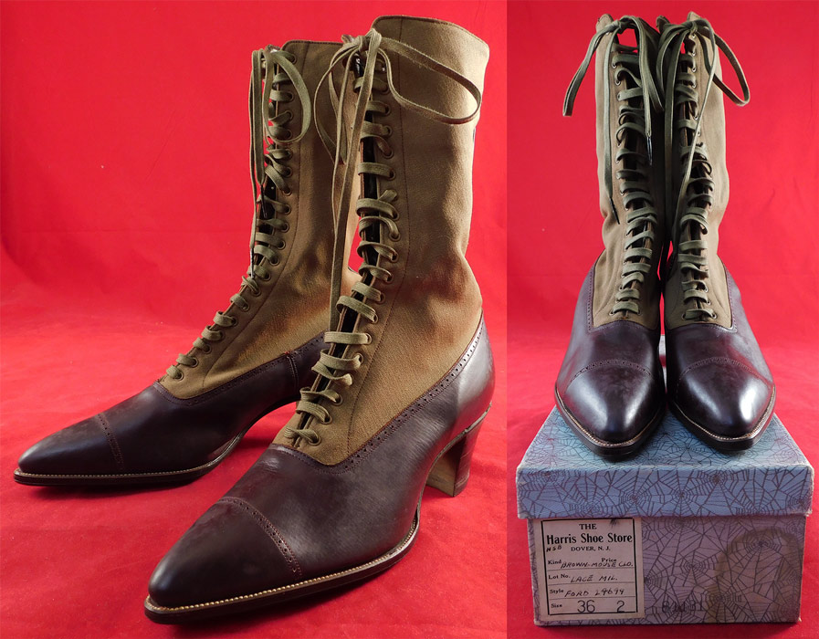 Unworn Edwardian Two Tone Khaki Brown High Top Laceup Cloth Leather Boots & Shoe Box
These beautiful boots have a two tone color combo, with pointed toes, the original khaki color shoe string laces for closure and stacked wooden cube heels. They come in the original shoe box covered with a wonderful spider web cobweb graphics foil paper from "The Harris Shoe Store" in Dover, New Jersey and are stamped on the outside of the box a size 36-2. 