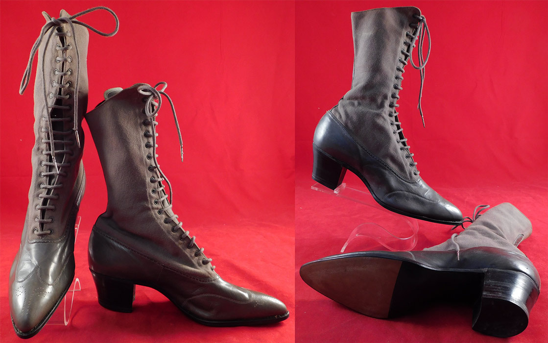 Unworn Edwardian Gray Cloth Wool Leather High Top Lace-up Boots Shoe Box
This pair of unworn antique Edwardian era gray cloth wool leather high top lace-up boots and shoe box dates from 1910. They are made of a gray cloth wool upper boot and gray kid leather bottom shoe with decorative punch work designs. 
