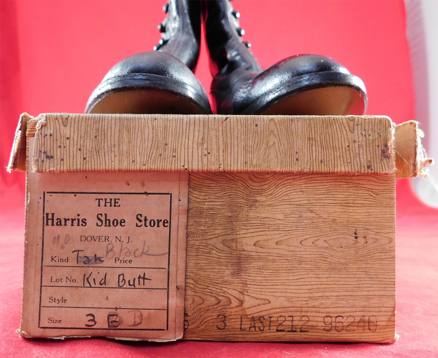 Victorian Unworn Womens Black Leather High Top Button Boots
They have never been worn and are old store stock in good wearable condition, with some crazing of the patent leather toes and breaks to the cardboard shoe box. These are truly a wonderful piece of quality made wearable shoe art!