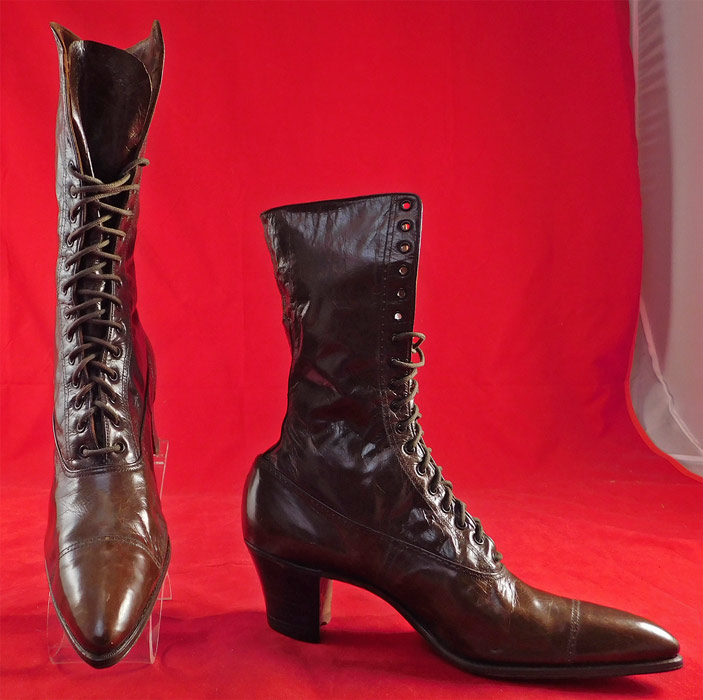 Edwardian Antique Dark Brown Leather High Top Lace-up Cube Heel Boots
This pair of Edwardian era antique unworn dark brown leather high top lace-up cube heel boots date from 1910. 