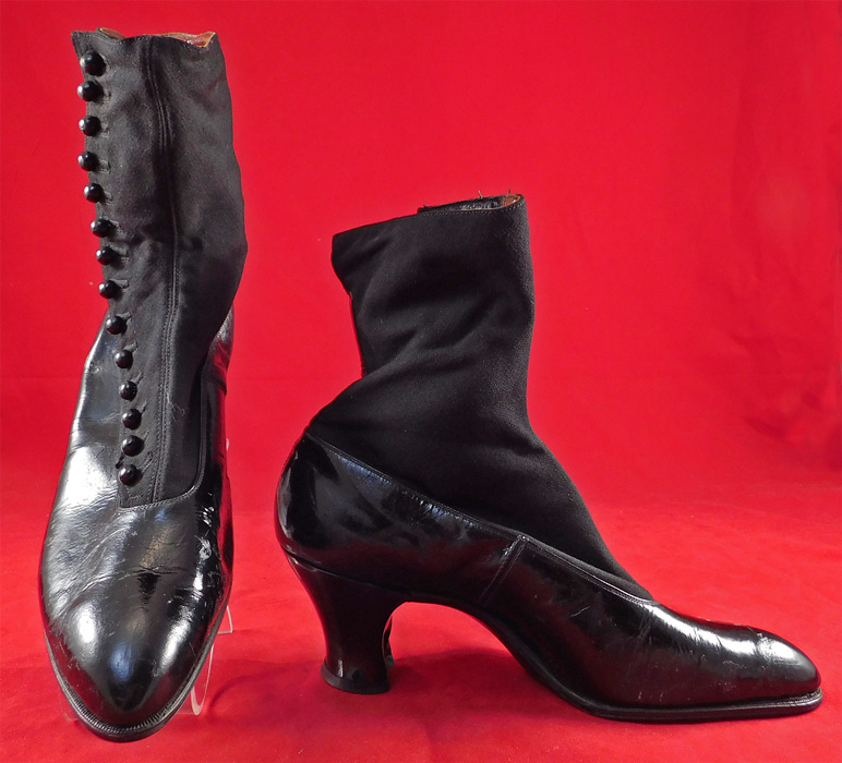 Unworn Edwardian Black Cloth Patent Leather High Top Button Boots & Shoe Box
These antique boots are difficult to size for today's foot, but my guess would be approximately a US size 7 or 8 narrow width. 