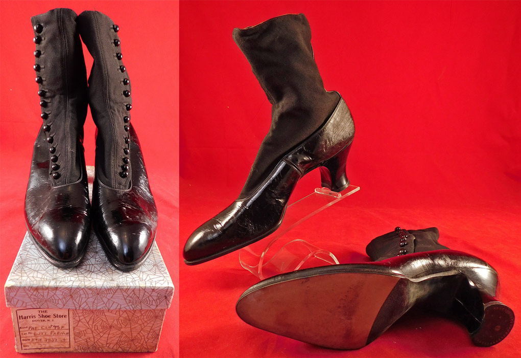 Unworn Edwardian Black Cloth Patent Leather High Top Button Boots & Shoe Box
They have never been worn, and are old store stock stored away in a basement of the store since 1910.
