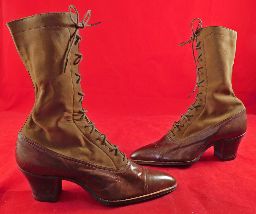 Unworn Edwardian Two Tone Brown Buck Suede Leather High Top Laceup Boots & Shoe Box
They come in the original shoe box covered with a wood grain graphic print paper from "The Harris Shoe Store" in Dover, New Jersey, with the original price tag of $8.50 and are stamped on the outside of the box as well as inside the boot a European size 33. 