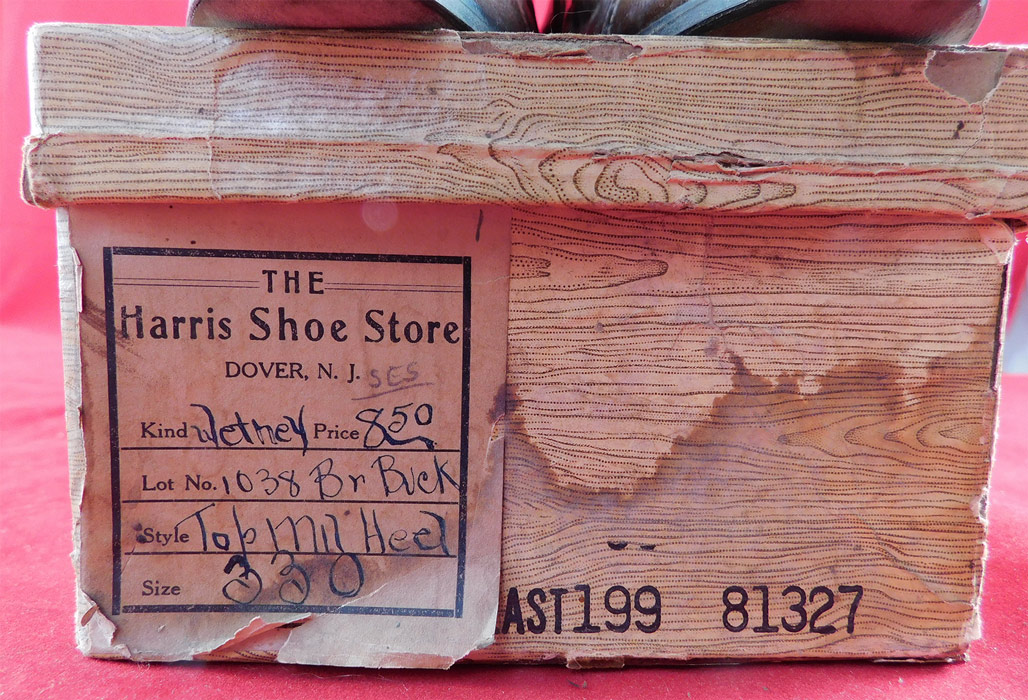 Unworn Edwardian Two Tone Brown Buck Suede Leather High Top Laceup Boots & Shoe Box
The shoe box is in as-is condition with wear, water damage to the outer cardboard paper and the boots have some faint discoloration stains on the leather from storage (see close-ups). These are truly a wonderful piece of quality made wearable shoe art