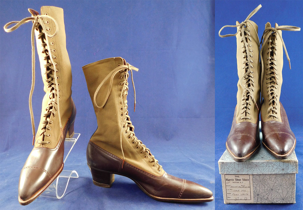 Unworn Edwardian Two Tone Brown High Top Laceup Cloth Boots & Spiderweb Shoe Box
This pair of unworn antique Edwardian era two tone brown high top lace-up cloth boots and spiderweb shoe box dates from 1915.