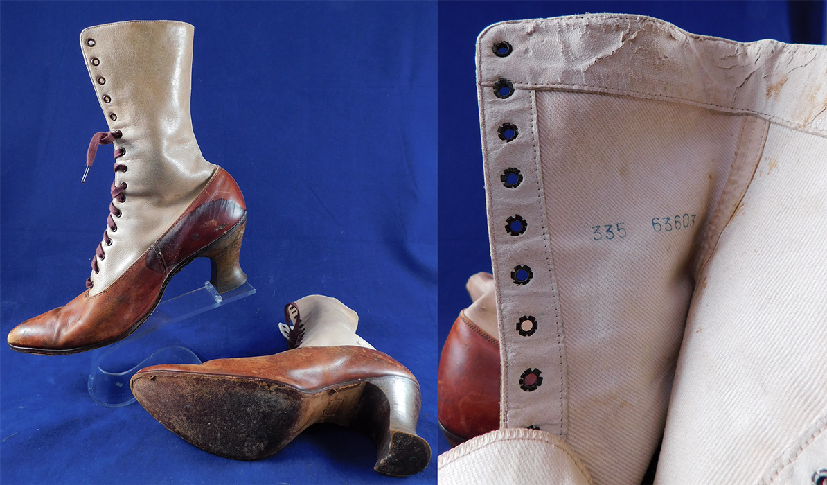 Edwardian BSWU Women's Two Tone Brown Leather High Top Lace-up Boots
The boots measure 9 inches tall, 9 1/2 inches long, 2 3/4 inches wide, with 2 1/2 inch high heels and are approximately a US size 6 or 7 narrow width.
