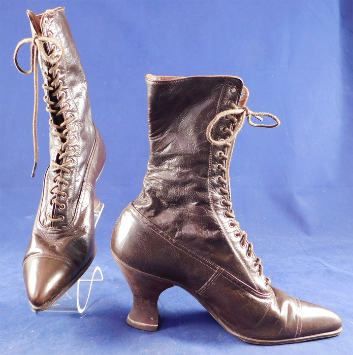 Edwardian Vintage Broadway Girl Women's Brown Leather High Top Lace-up Boots
