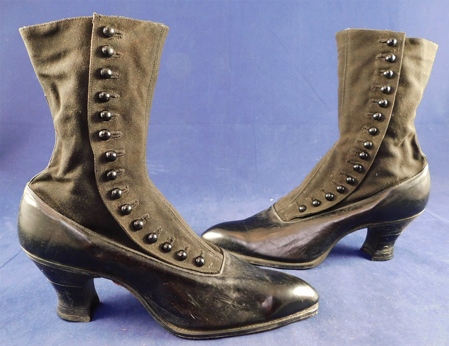 Unworn Edwardian Black Cloth Top Kid Leather High Button Boots & Shoe Box
This pair of unworn antique Edwardian era black cloth top, kid leather high button boots and shoe box date from 1910. They are made of black wool cloth fabric upper boot and black kid leather lower shoe.