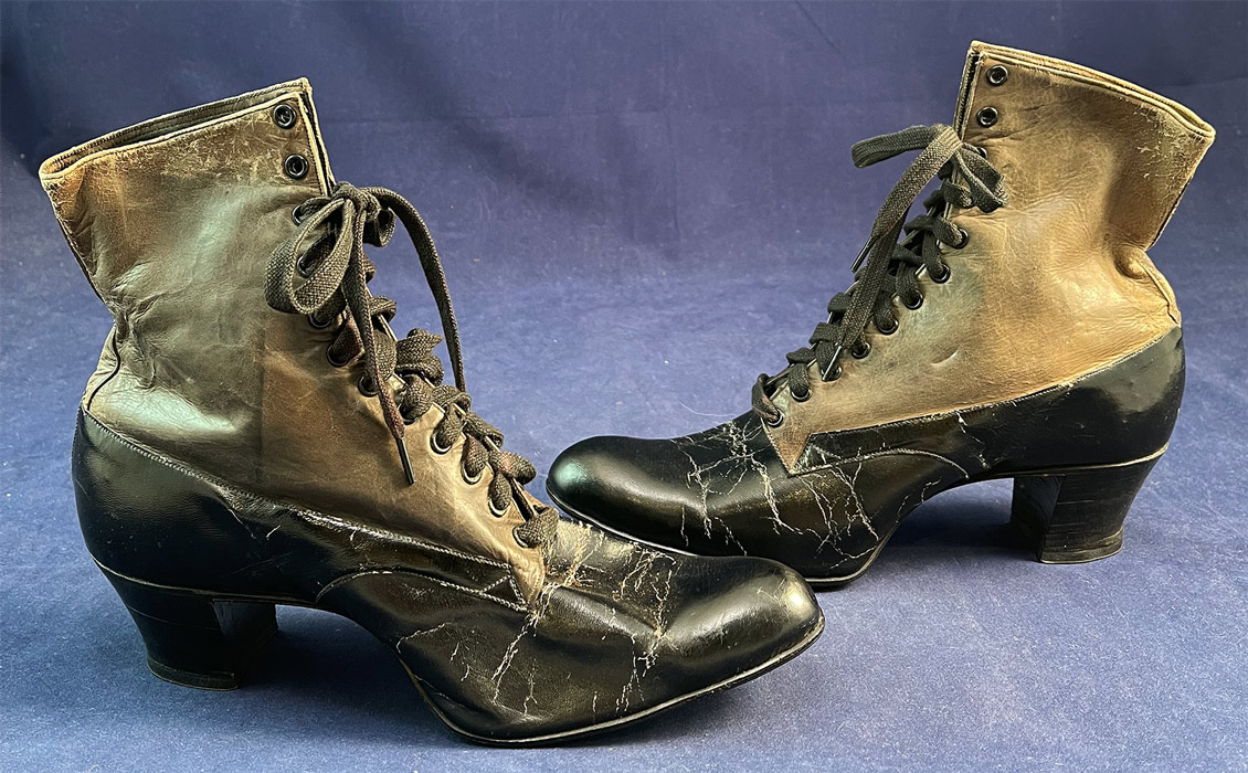 Vintage The Hennessy Shoe Co. Unworn Black & Gray Leather Lace-up Boots
The boots measure 7 inches tall, 10 inches long, 3 inches wide, with 1 3/4 inch high heels. These antique boots are difficult to size for today's foot and are approximately a US size 6 narrow width.