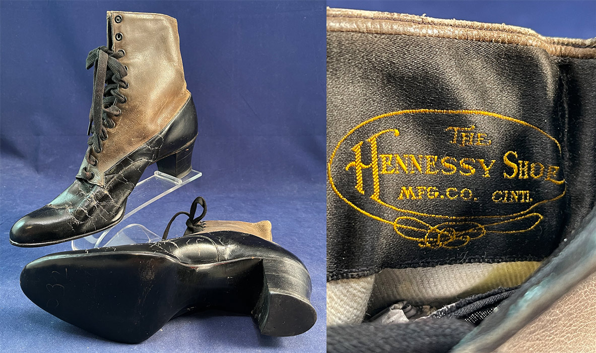 Vintage The Hennessy Shoe Co. Unworn Black & Gray Leather Lace-up Boots
They are old store stock, in unworn good as-is wearable condition needing some leather conditioning restoration, with some scuffs, scratches, creases on the leather from storage and age. These are truly a wonderful quality made antique boot.