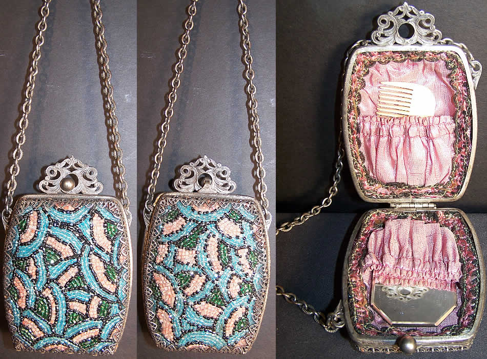 Art Deco Beaded Silver Compact Minaudiere Purse  Front view.