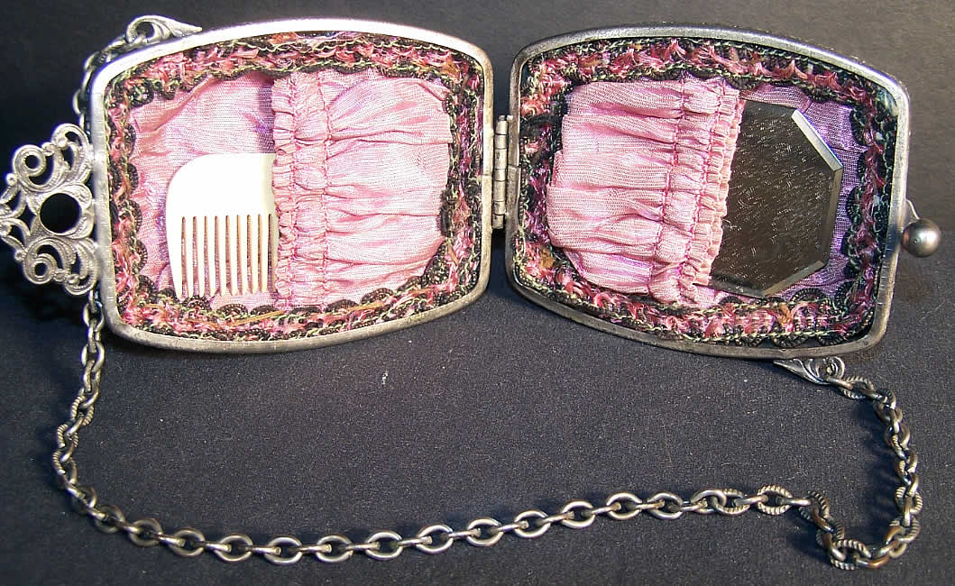 Art Deco Beaded Silver Compact Minaudiere Purse Back View.