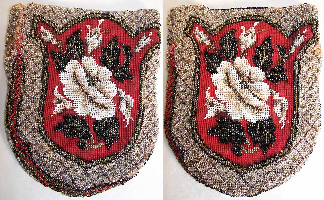 Victorian Beaded Needlepoint Magnolia Pouch Purse  Front view.