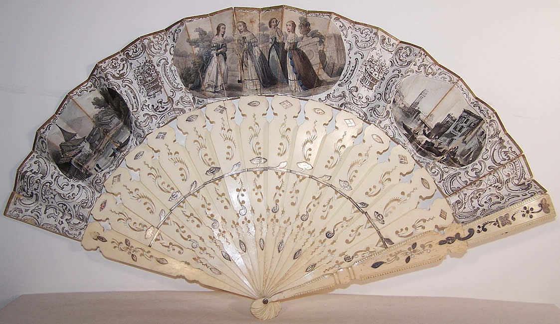 Victorian Italian Lithograph Foil Inlay Pierced Sticks Fan  Front view.
