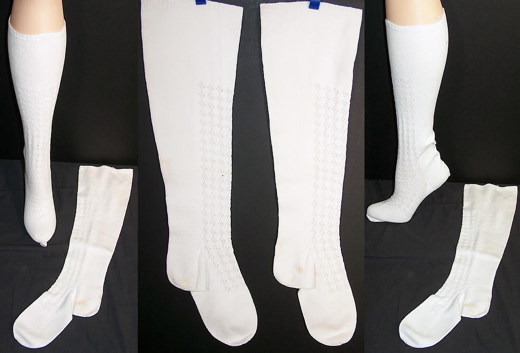 Victorian Hand Knit White Wool Stockings Socks  Front view.