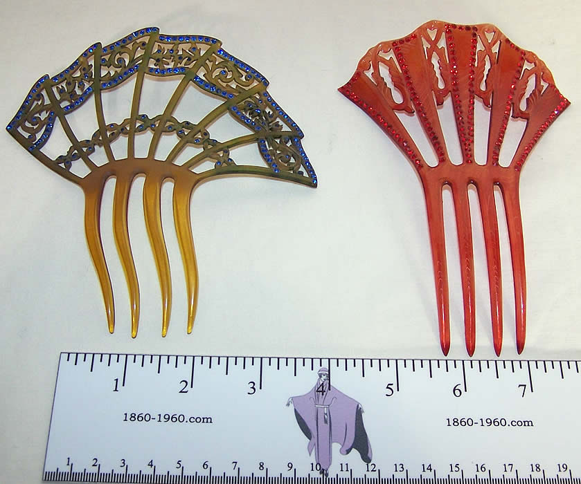  Art Deco Blue & Red Rhinestone Flapper Hair Comb Lot Front view.