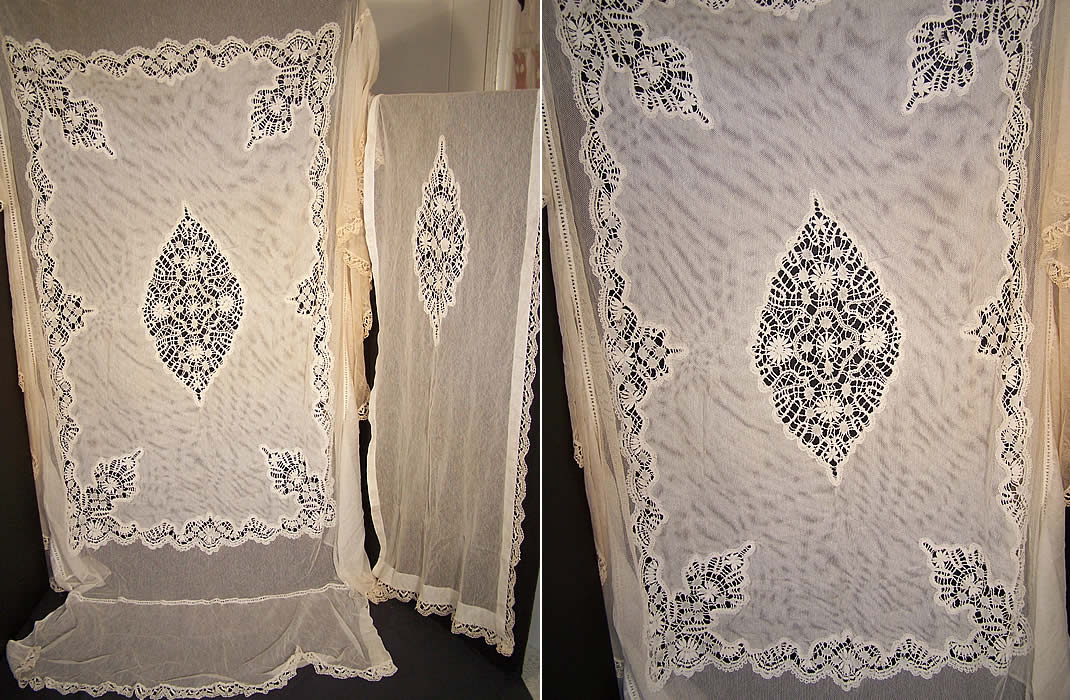 Antique Cluny Bobbin Lace Net Bedspread & Pillow Sham  Front view.