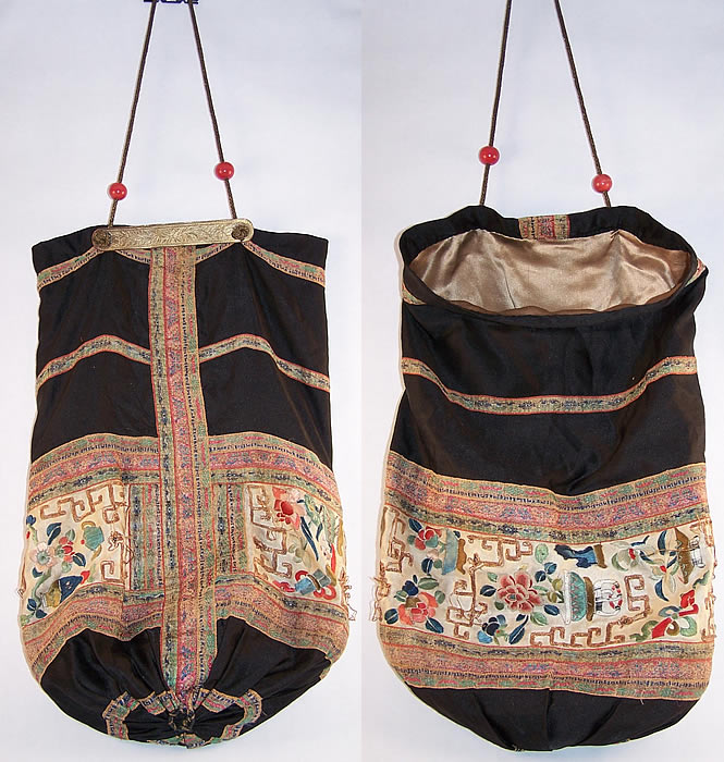 Chinese Silk Embroidered Sleeve Band Pouch Purse  Front view.