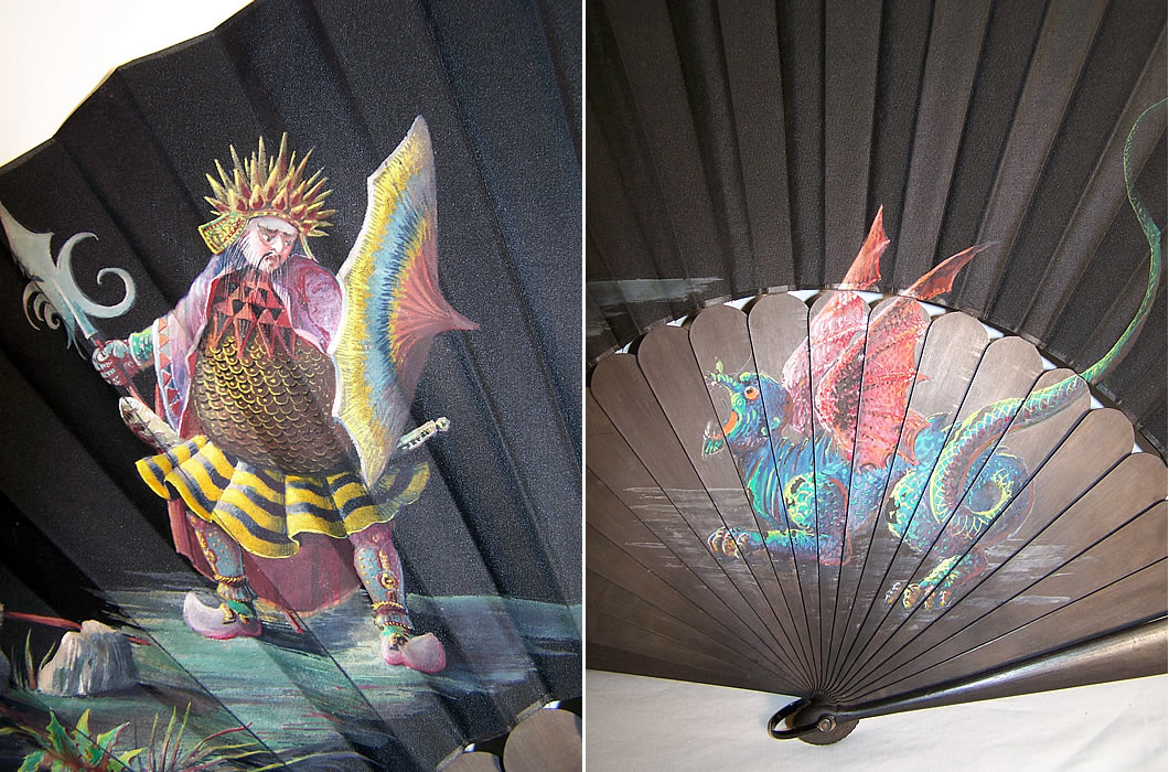 Antique Chinese Deity Winged Dragon Hand Painted Fan close-up View.