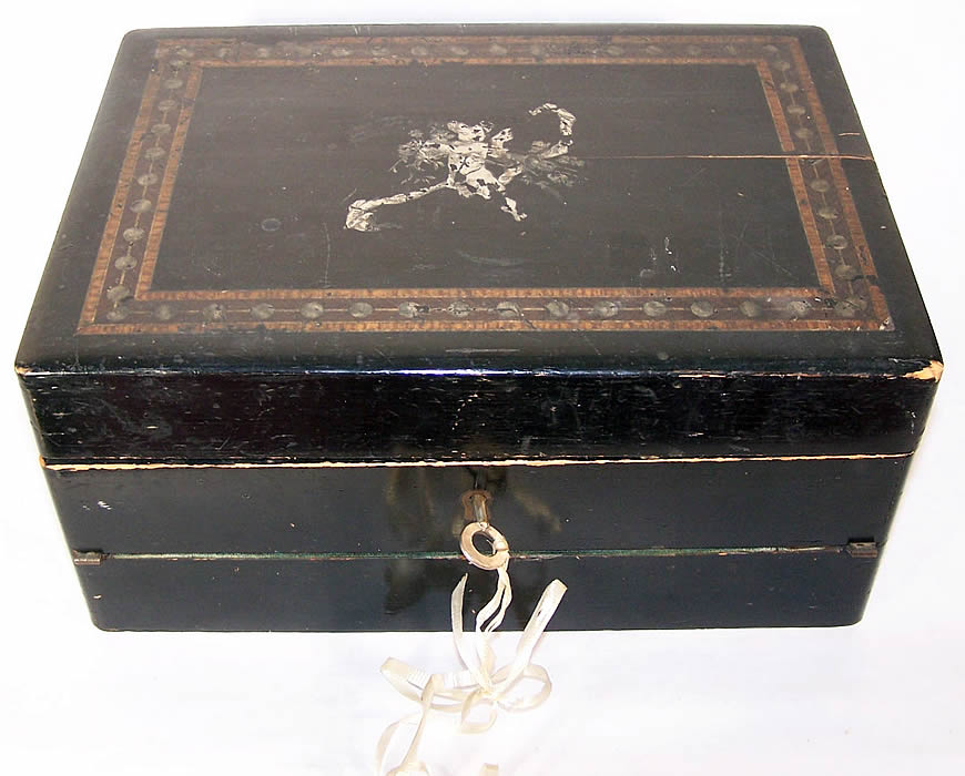 Antique Victorian Sewing Box Slope Travel Writing Desk top view.