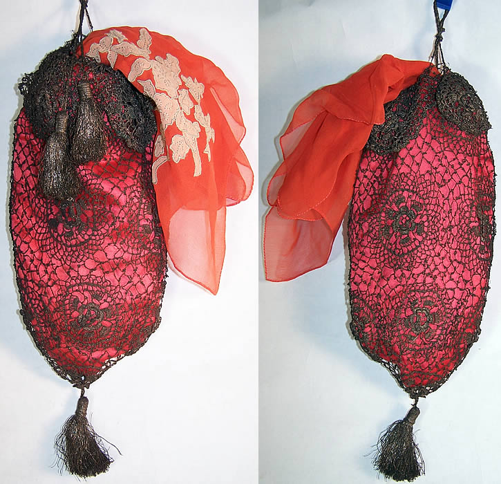 Antique Gold Crochet Lace Tassel Silk Drawstring Purse   Front view.