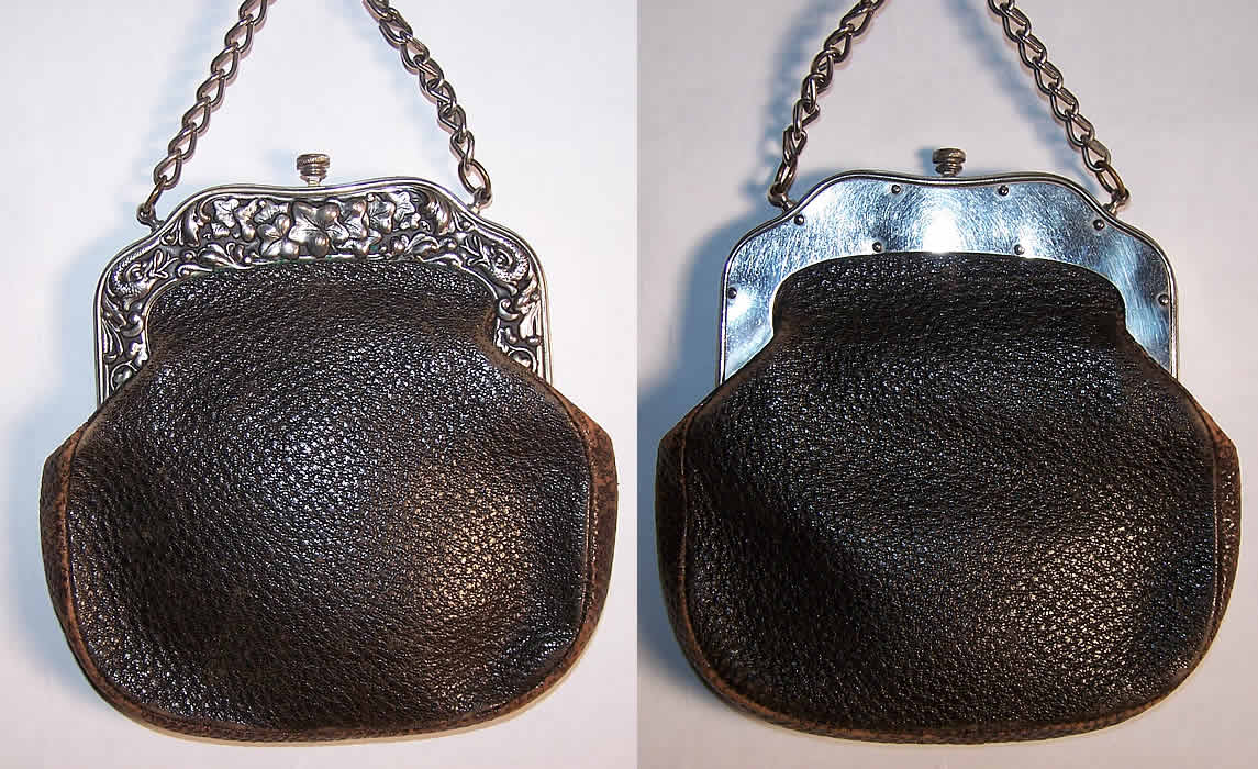 Victorian Silver Serpent Chatelaine Leather Sporran Purse  Front view.