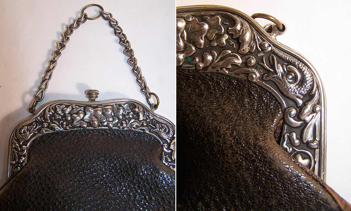 Victorian Silver Serpent Chatelaine Leather Sporran Purse Close-up View.