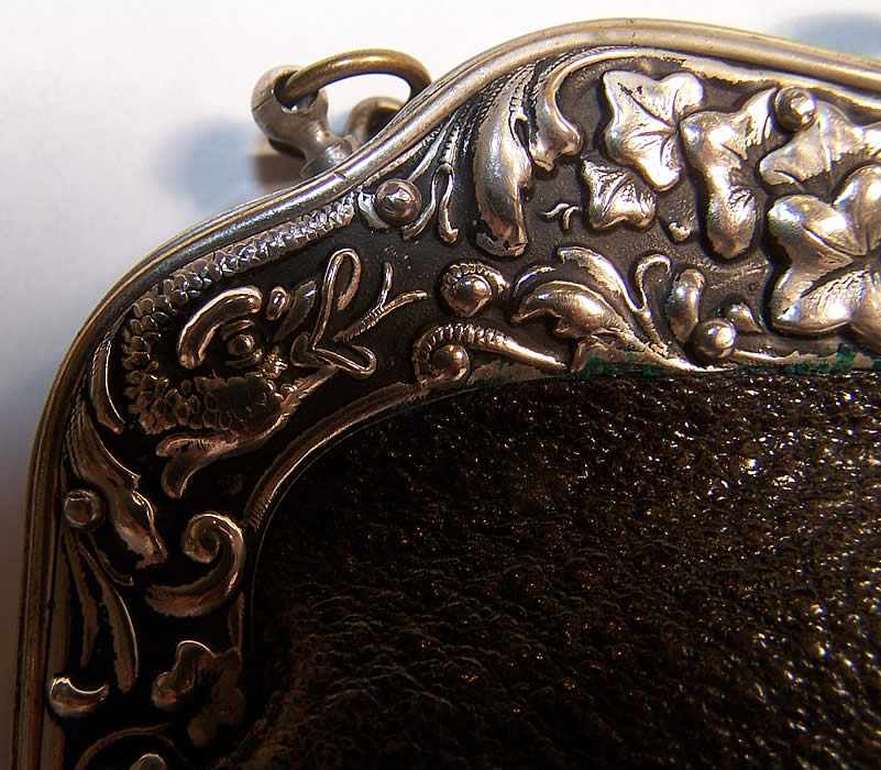 Victorian Silver Serpent Chatelaine Leather Sporran Purse Close-up view.