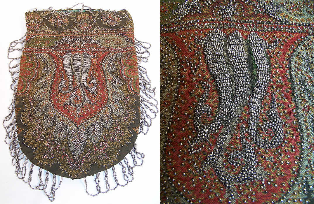 Victorian Antique Paisley Shawl Steel Cut Beaded Purse Back View.
