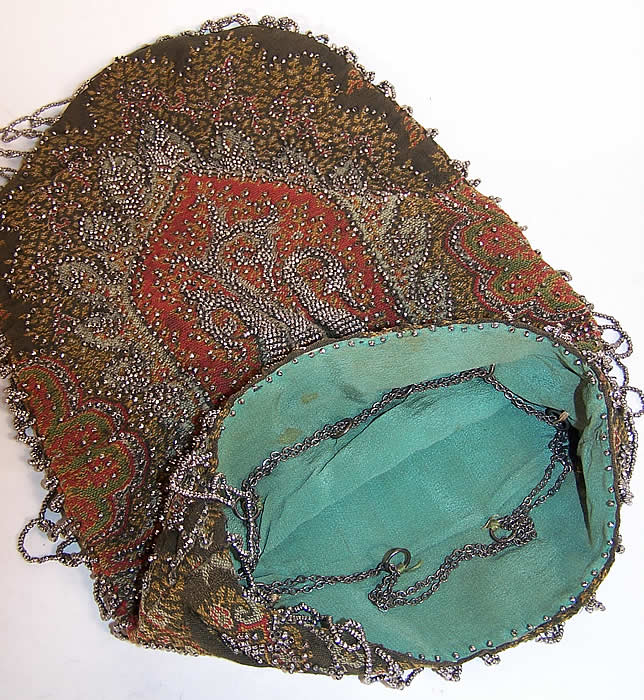 Victorian Antique Paisley Shawl Steel Cut Beaded Purse inside view.