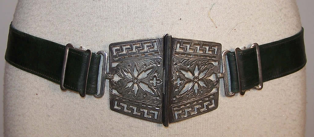 Antique Art Nouveau EPNS Silver Leather Belt  Front view.