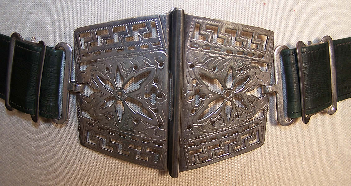Antique Art Nouveau EPNS Silver Leather Belt close-up clasp view.